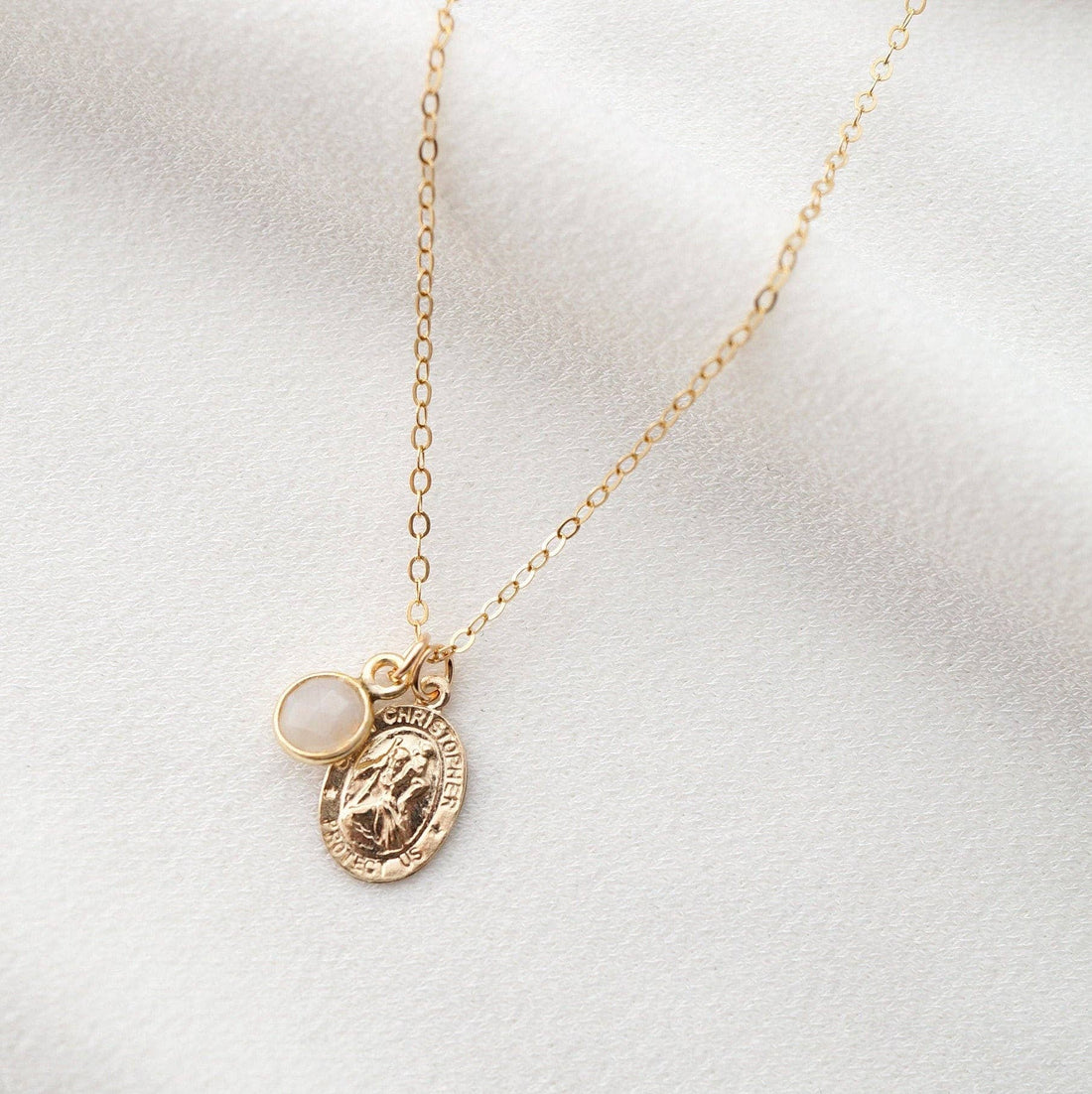 Traveler's Protection Gold Coin Medallion Moonstone Necklace