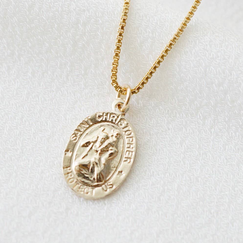 St. Christopher Traveler's Protection Gold Coin Necklace: 16" Box chain / 14K Gold Fill