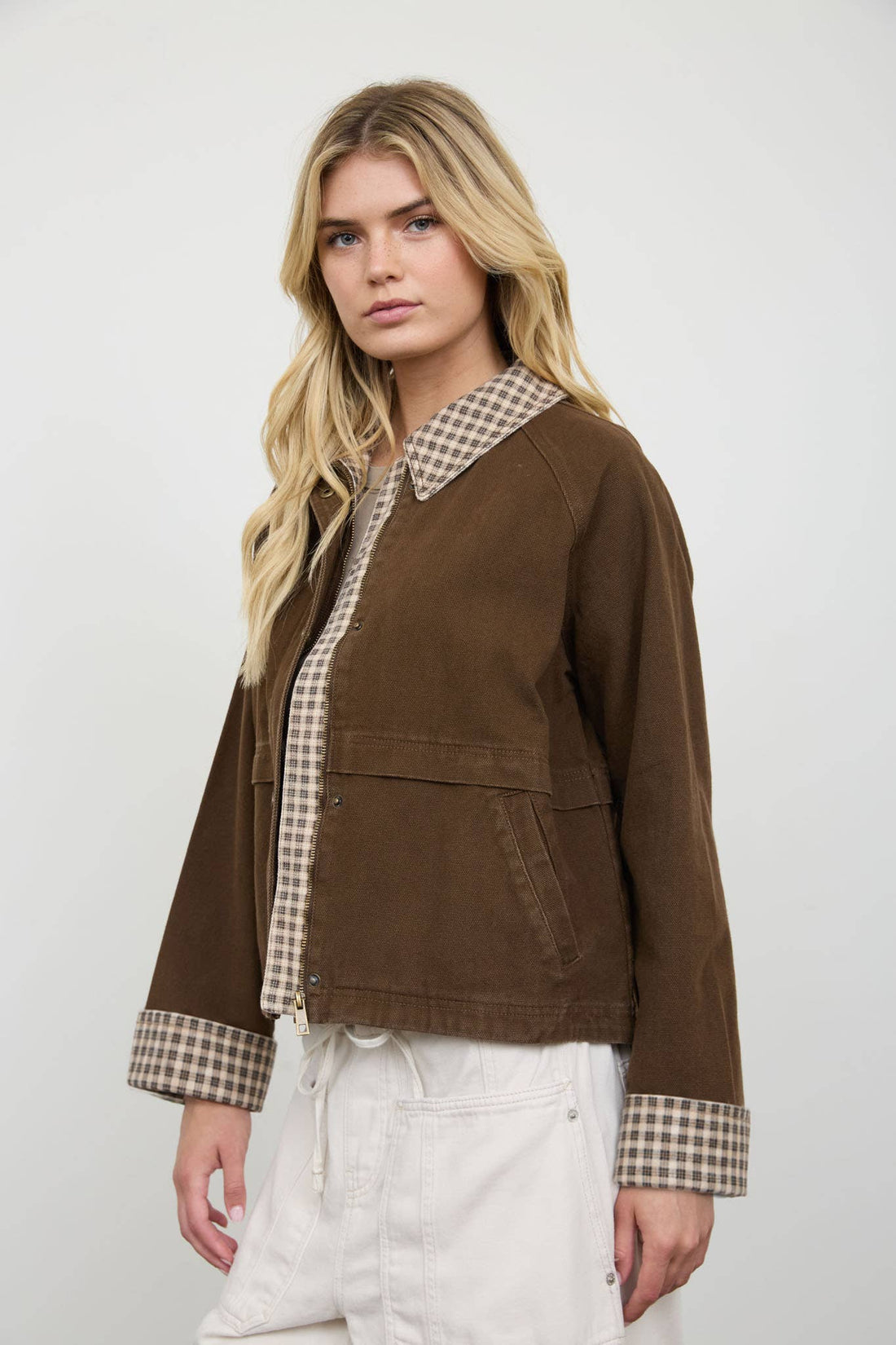 GINGHAM COLLAR CONTRAST JACKET