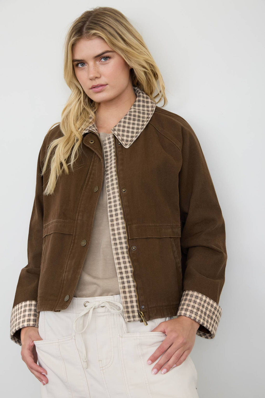 GINGHAM COLLAR CONTRAST JACKET