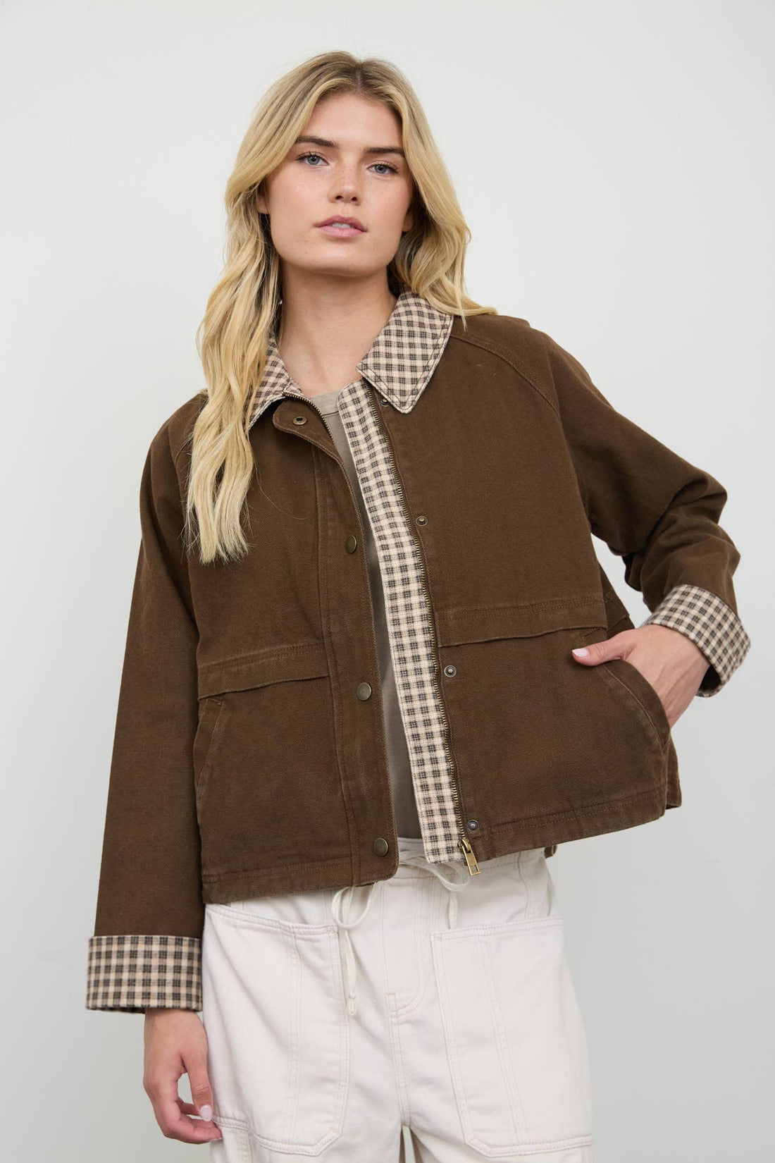 GINGHAM COLLAR CONTRAST JACKET